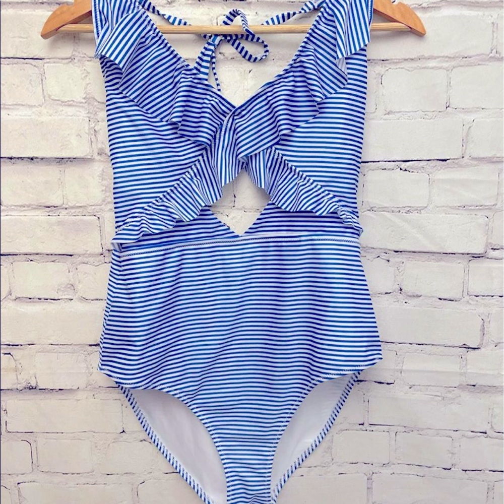 Aerie Ruffle Striped One Piece Swimsuit